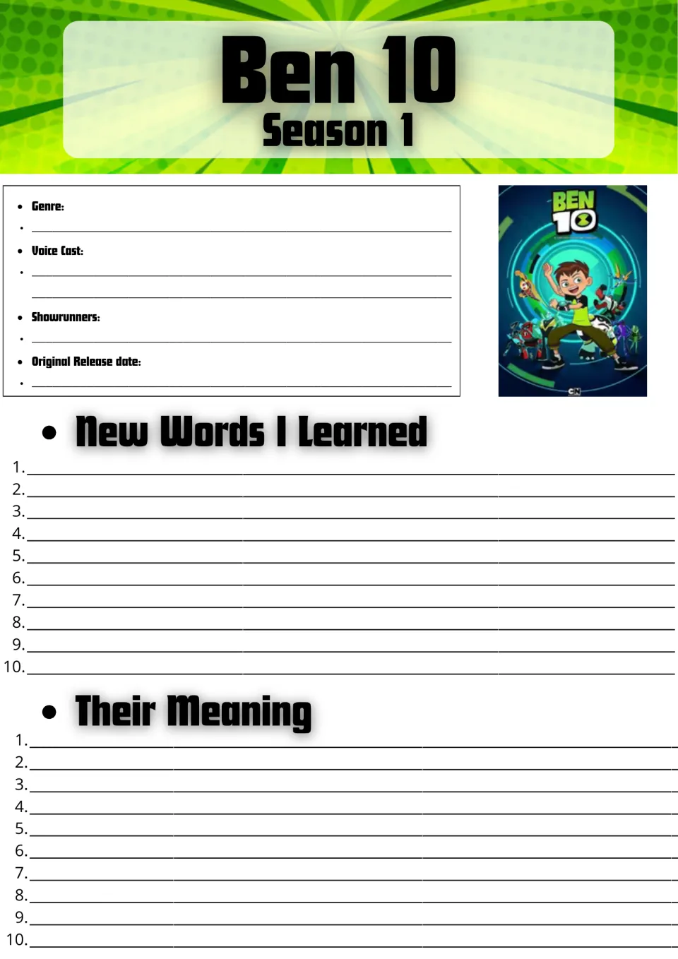 Ben 10 Season 1 show facts: students note genre, voice cast and showrunners, then list 10 new words and their meanings
