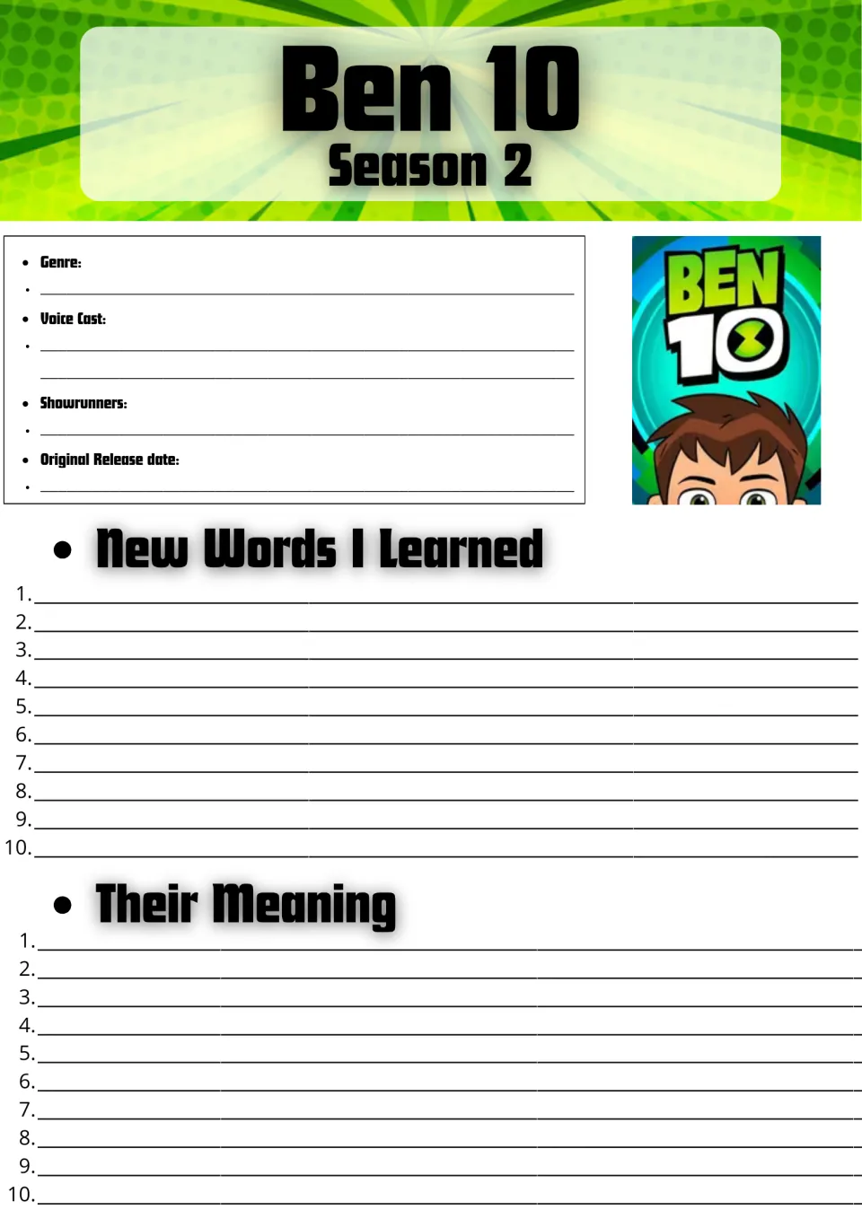 Ben 10 Season 2 facts and vocabulary: students note genre, cast and showrunners, then list 10 new words and meanings