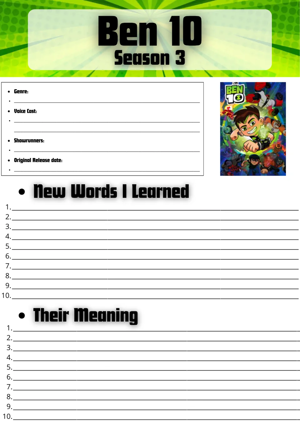 Ben 10 Season 3 facts: students note genre, voice cast, showrunners and release date, then list 10 new words and meanings