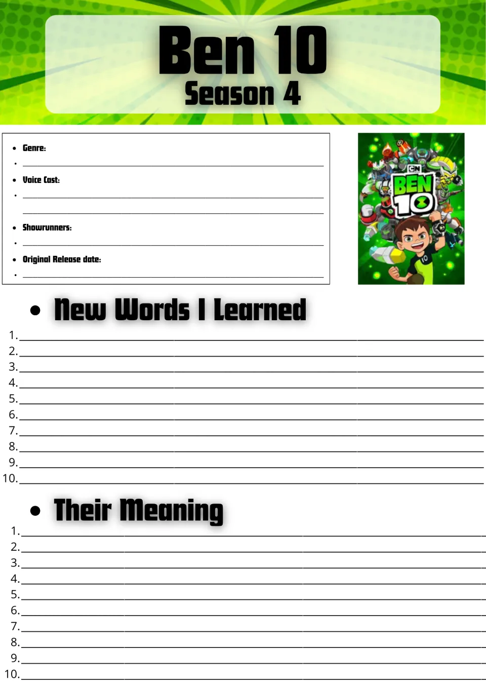 Ben 10 Season 4 show facts: students note genre, voice cast and release date, then list 10 new words and their meanings