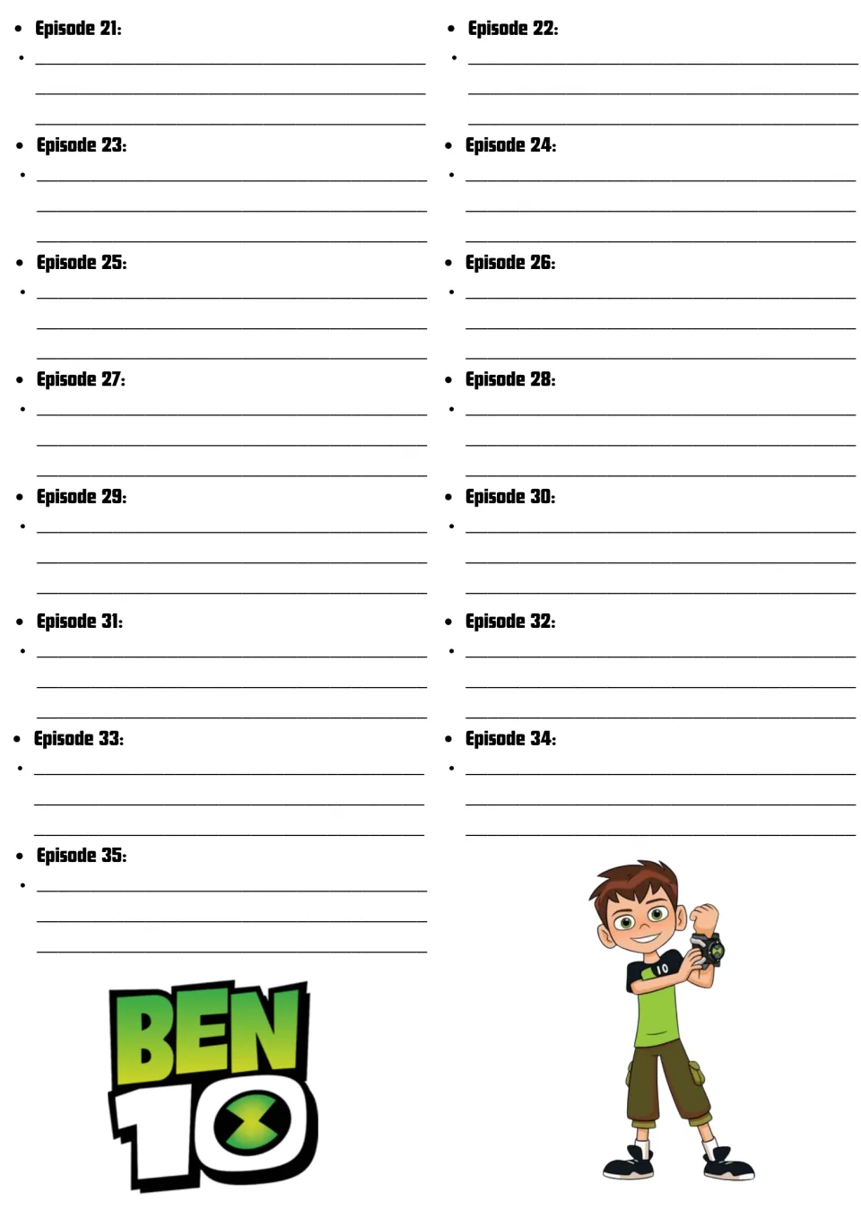 Episodes 21 to 35 log: students summarize each remaining episode; Ben 10 logo and Ben with his watch shown