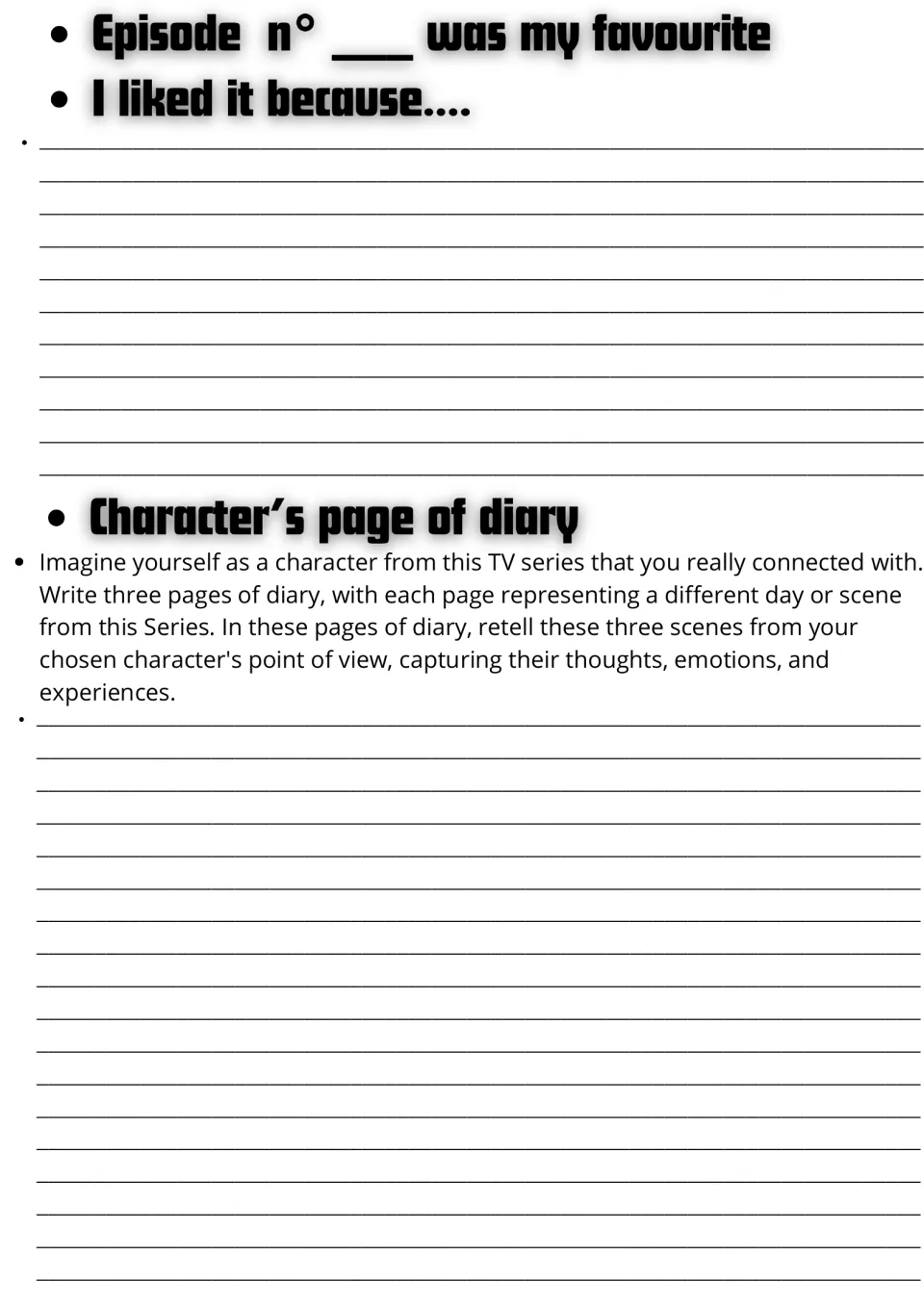Opinion and diary writing: students name a favourite episode and why, then retell three scenes as a character's diary