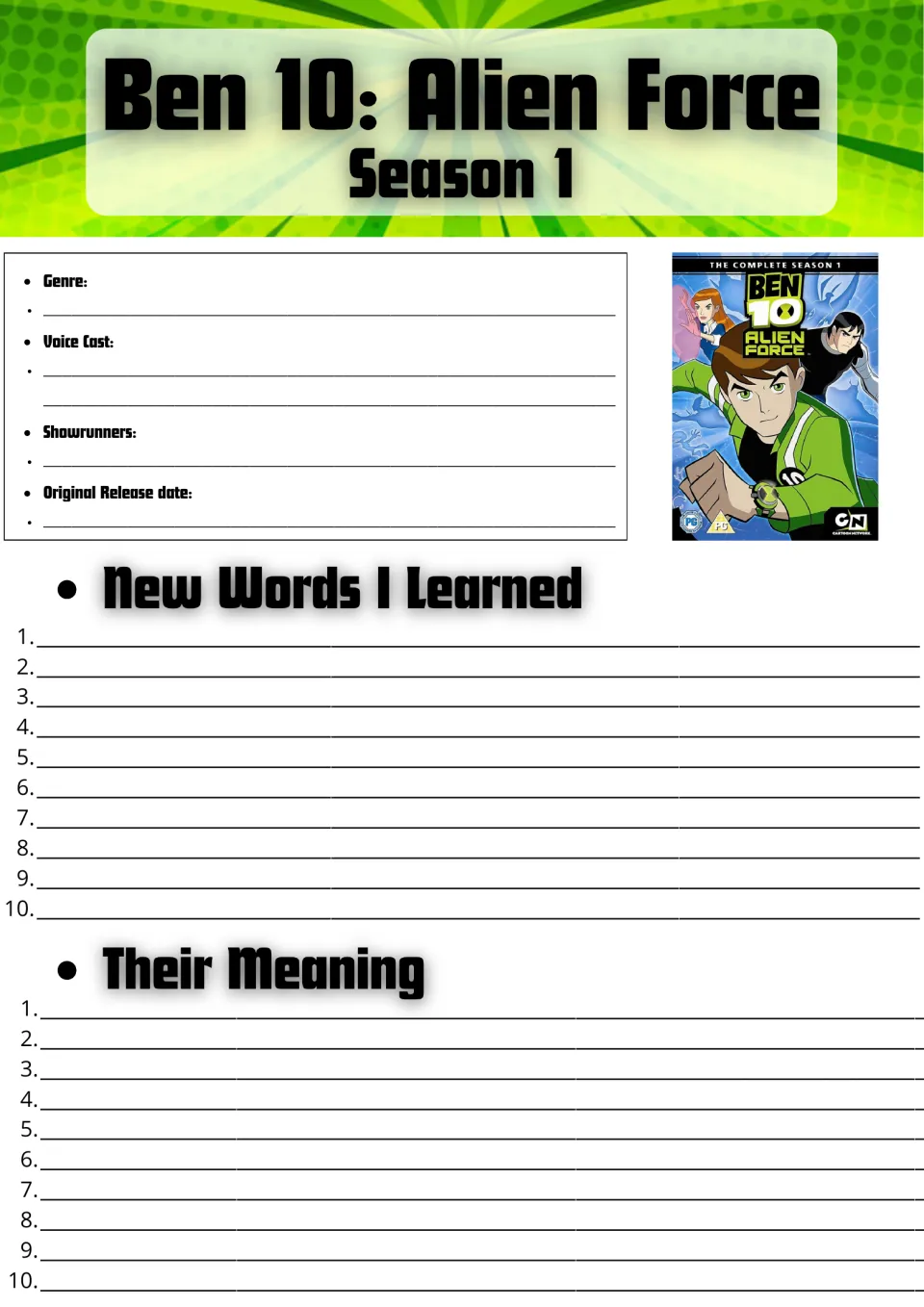 Ben 10: Alien Force Season 1 fact file: students note genre, voice cast and release date, then list 10 new words