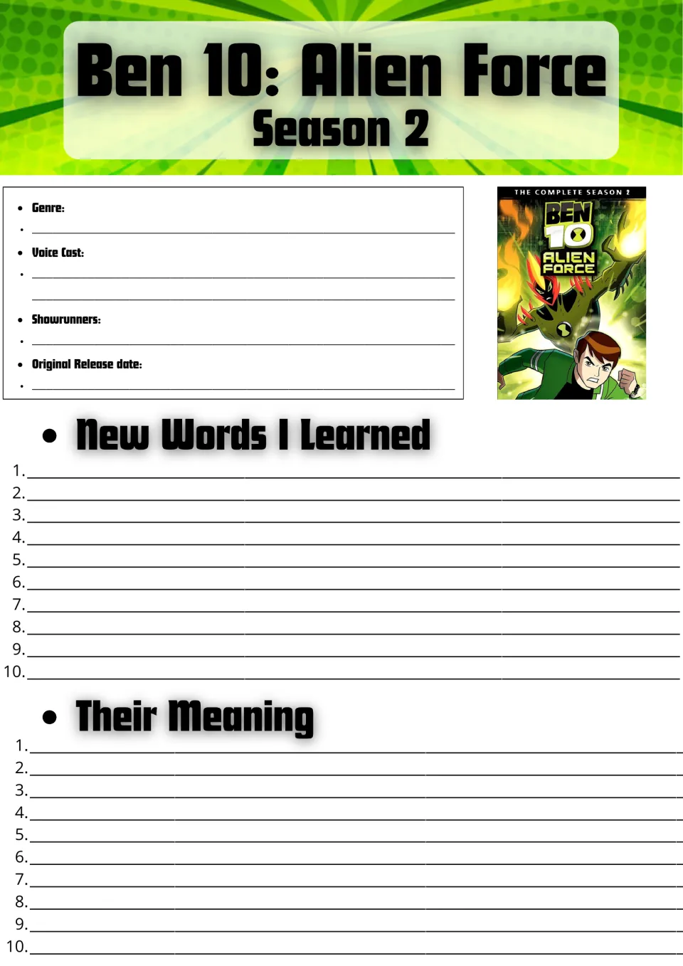Season 2 fact sheet: students note genre, voice cast and release date, then list 10 new words and their meanings