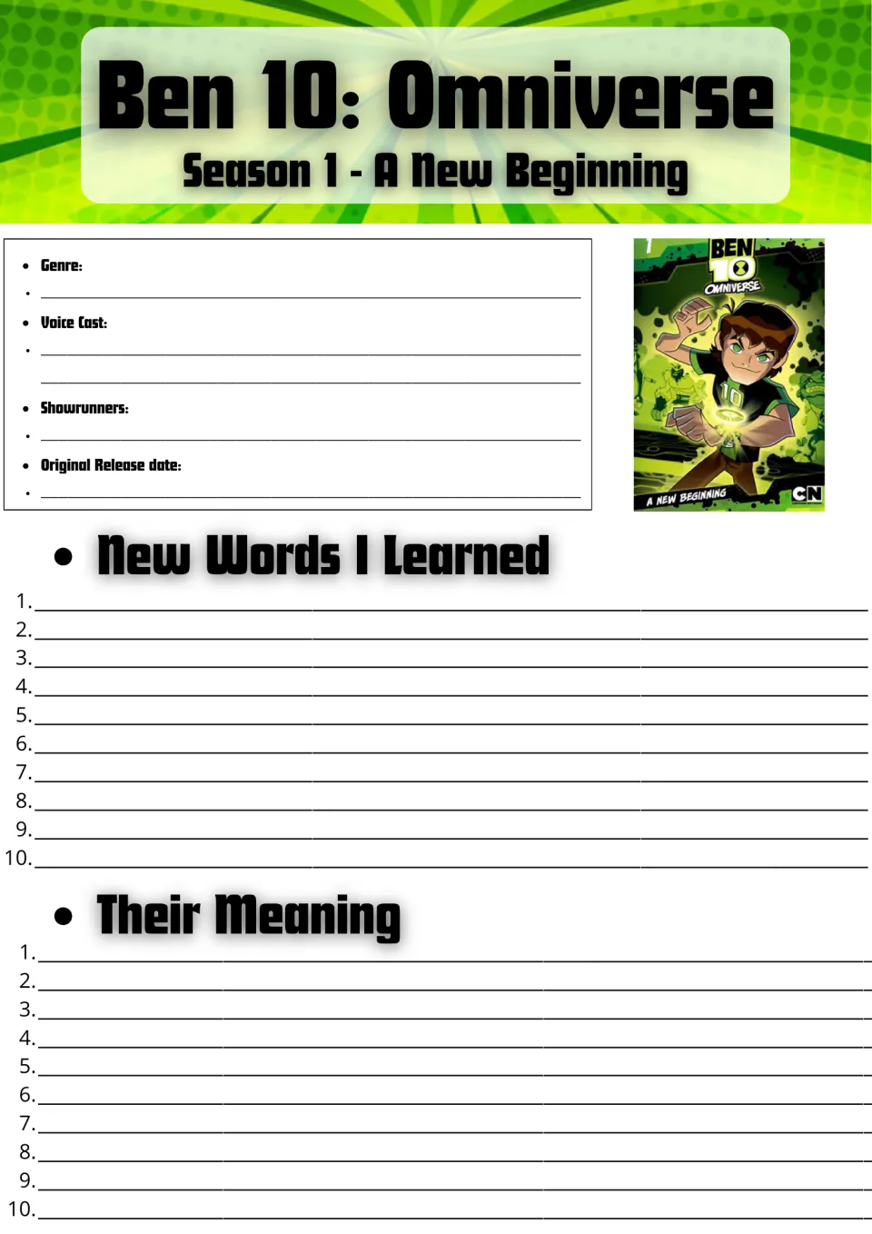 Ben 10: Omniverse Season 1 facts: students note genre, voice cast and release date, then list 10 new words and meanings