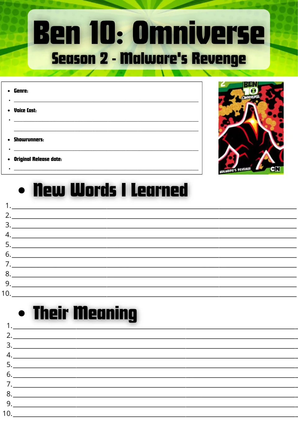 Ben 10: Omniverse Season 2 fact sheet: students record genre, cast and release date, then list 10 new words and meanings