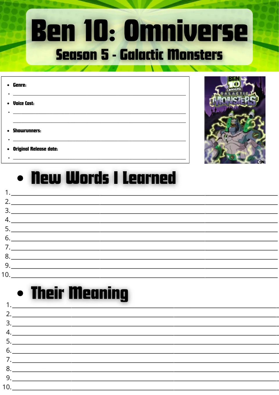 Ben 10: Omniverse Galactic Monsters show facts: students note genre, voice cast, showrunners and 10 new words with meanings