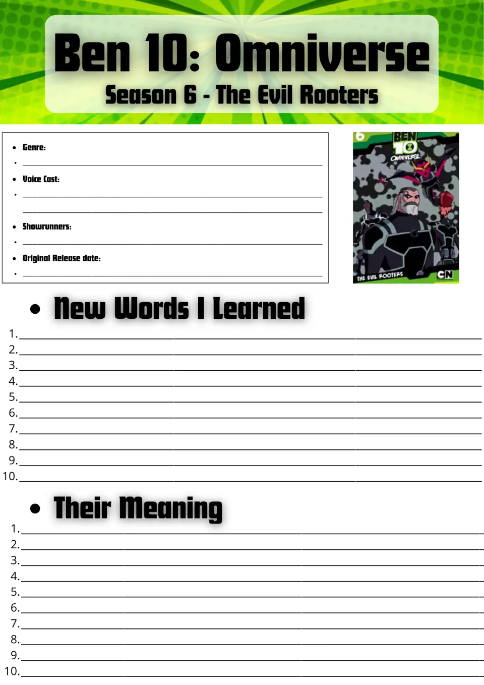 Ben 10: Omniverse Season 6 The Evil Rooters: students note genre, voice cast and showrunners, then list 10 new words