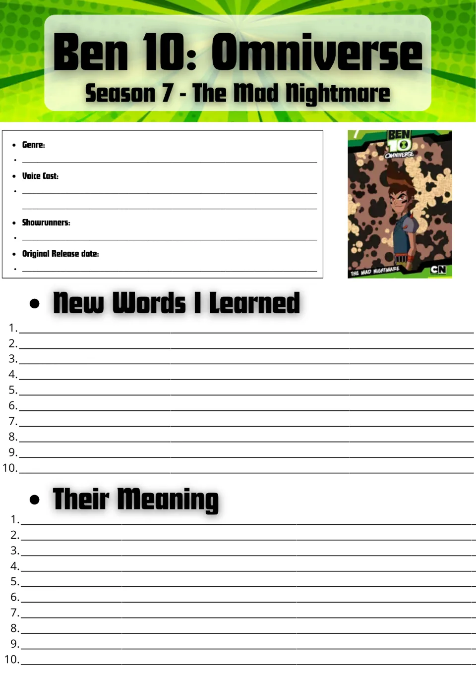 Ben 10: Omniverse Season 7 show facts: students note genre, voice cast and release date, then list 10 new words and meanings