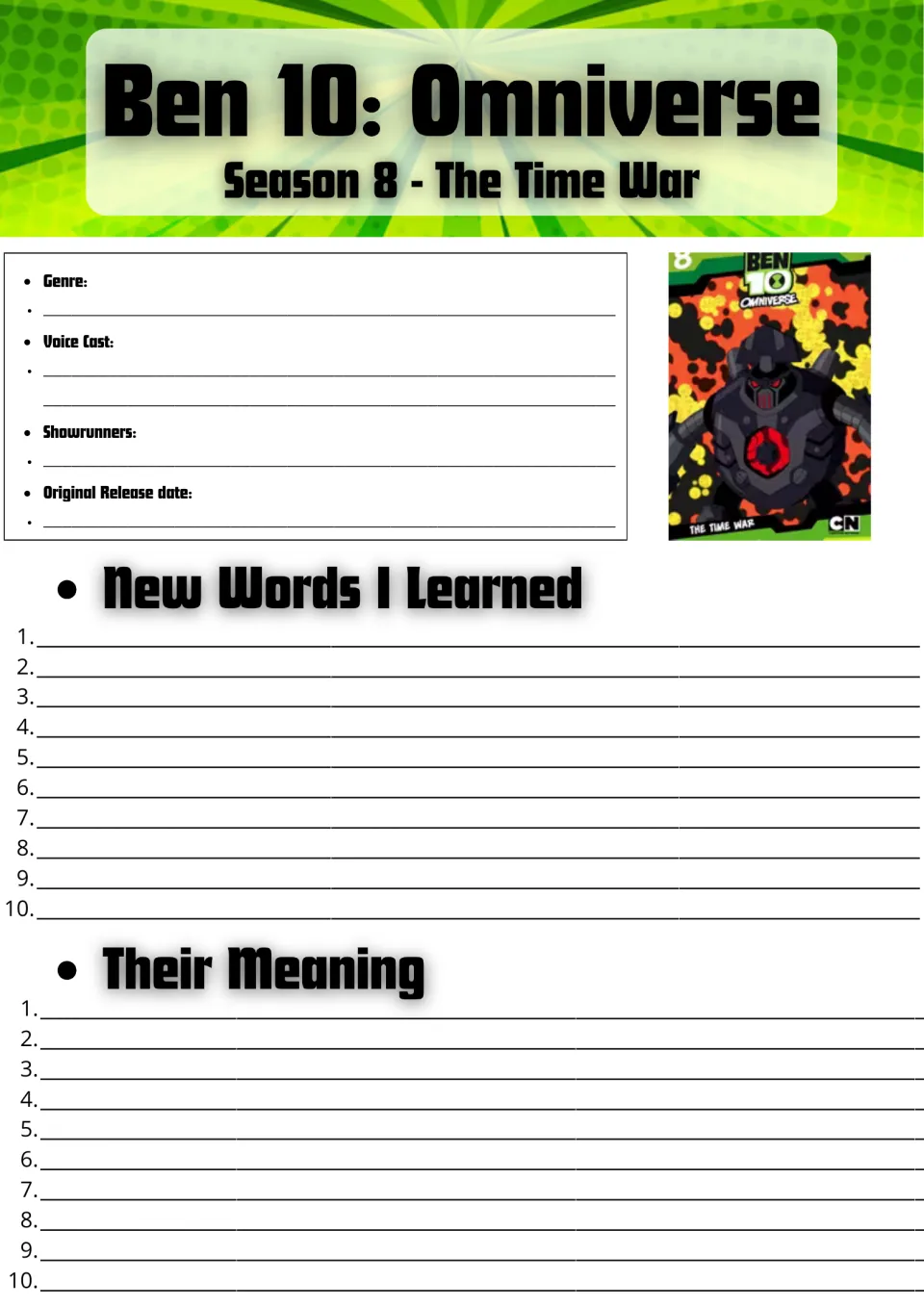 Ben 10: Omniverse Season 8 The Time War: students note genre, voice cast and release date, then list 10 new words