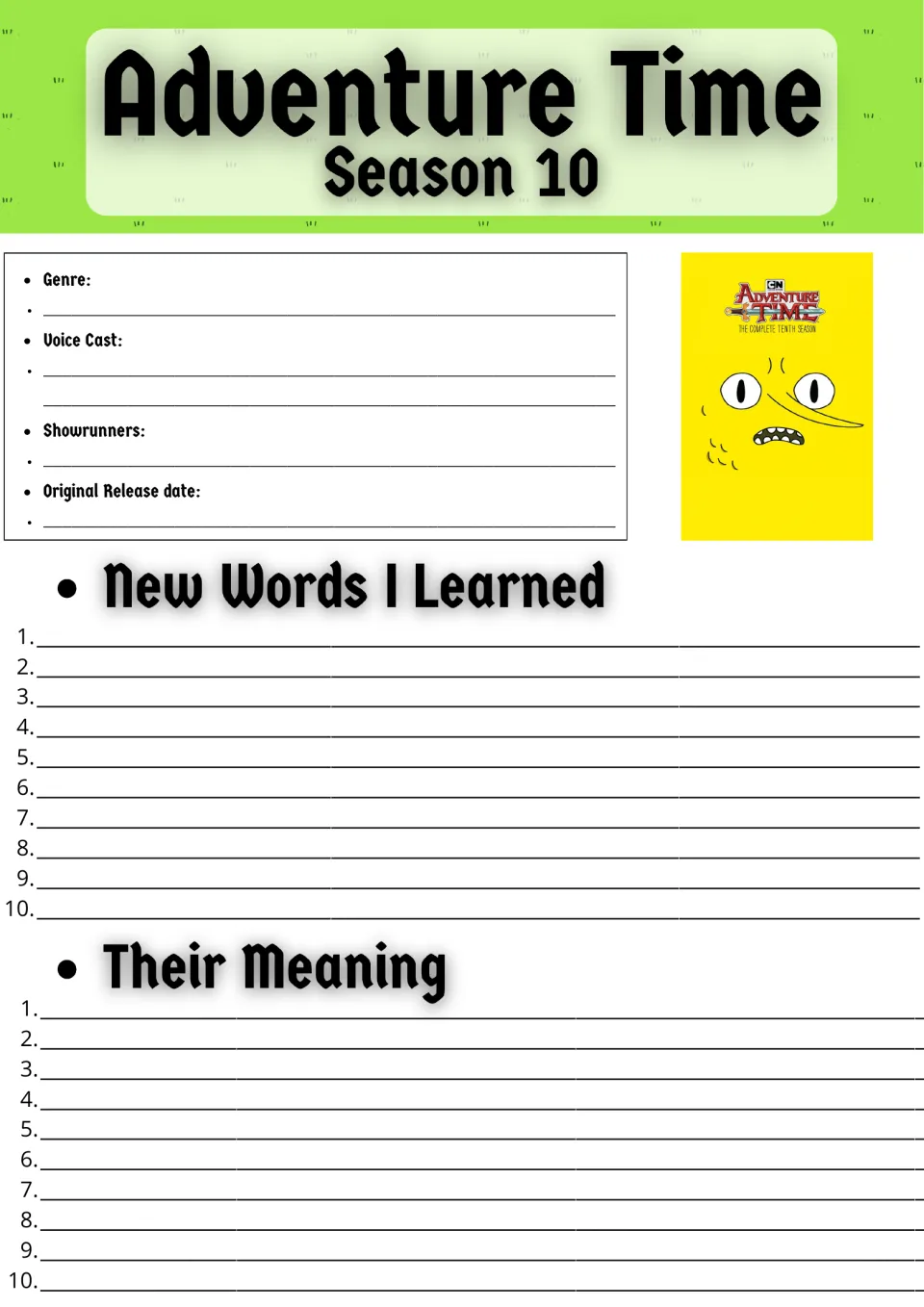 Adventure Time Season 10 series facts: students note genre, voice cast and showrunners, then list 10 new words and meanings