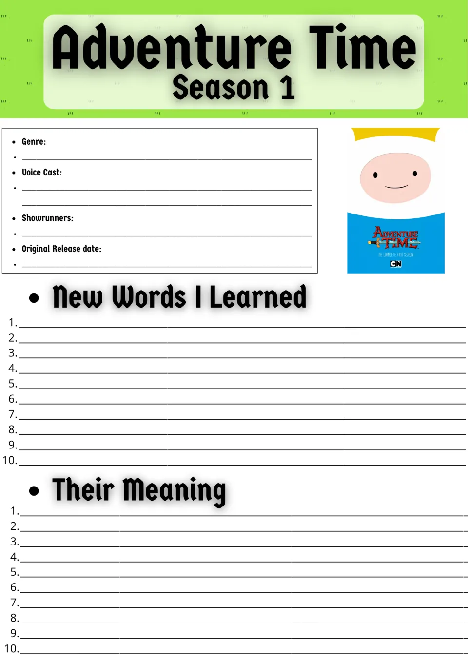 Adventure Time Season 1 show facts: students record genre, voice cast and showrunners, then list 10 new words and meanings