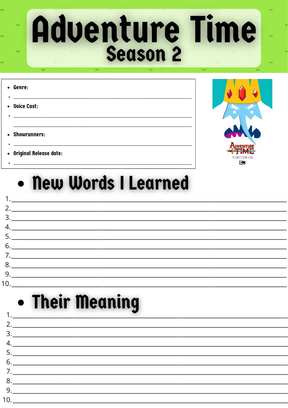 Adventure Time Season 2 show facts: students note genre, voice cast and release date, then list 10 new words and meanings