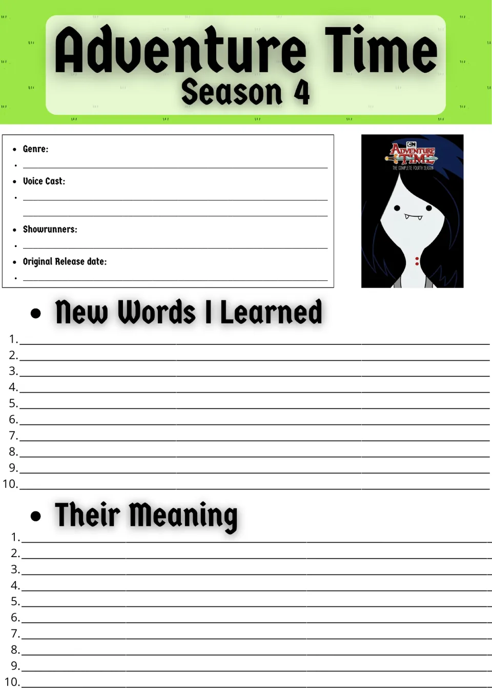Adventure Time Season 4 fact sheet: students note genre, voice cast and release date, then list 10 new words and meanings