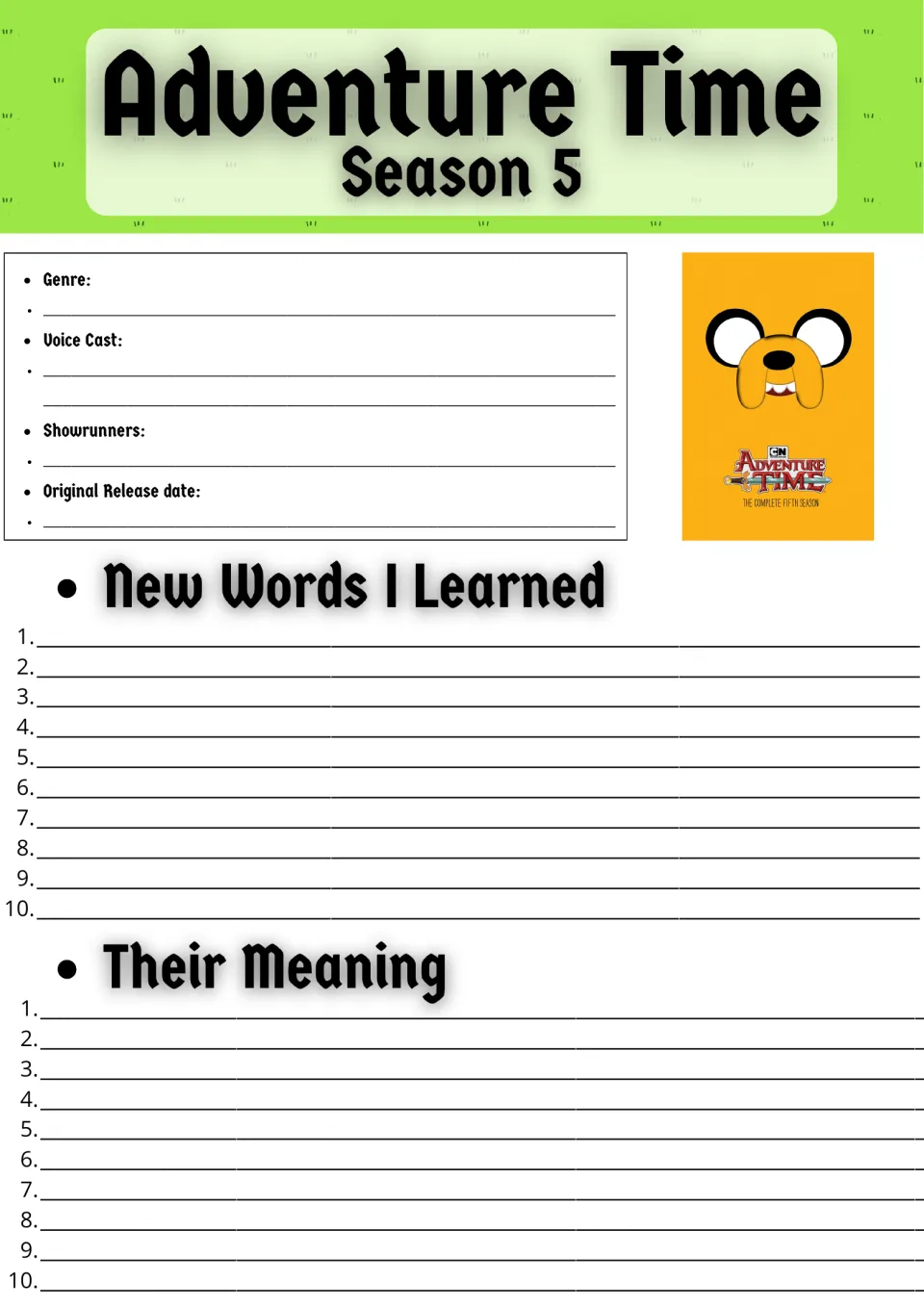 Adventure Time Season 5 show facts: students note genre, voice cast and release date, then list 10 new words and meanings