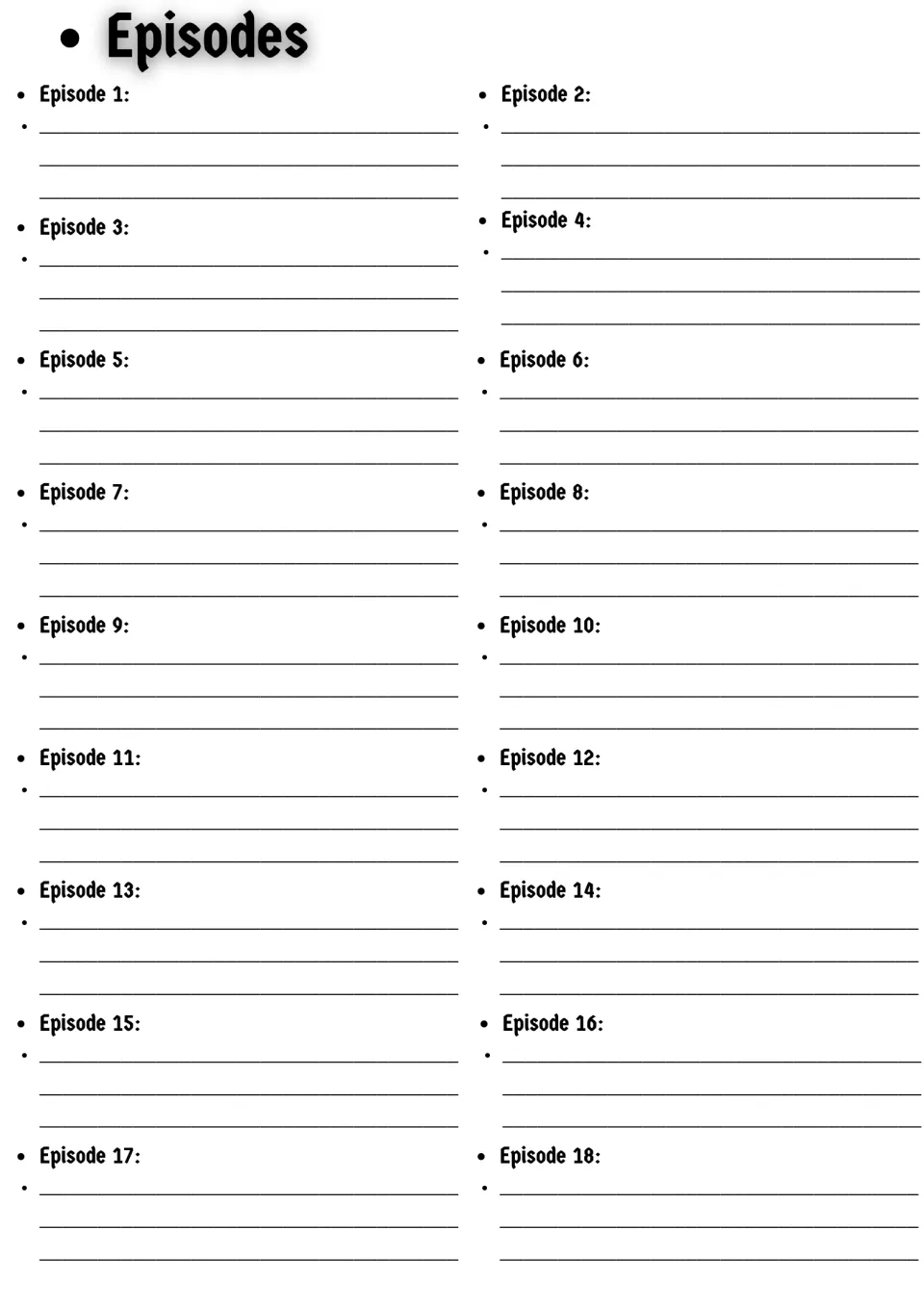 Episodes 1 to 18 summary log: students write a few lines about each episode they watch, practising summarizing