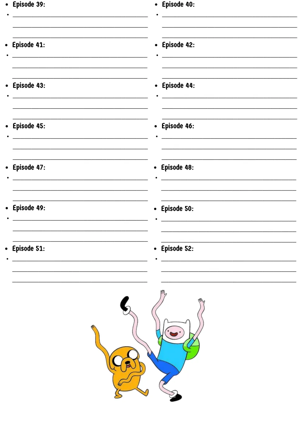 Episode notes for episodes 39 to 52 at the season's end: students summarize each one; Finn and Jake drawing below