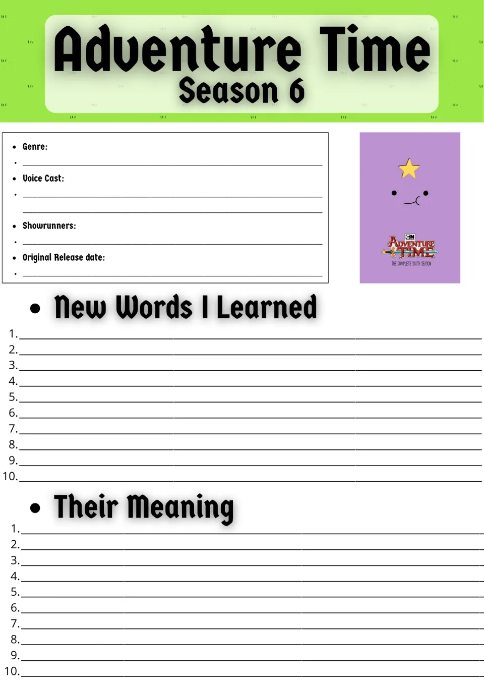 Adventure Time Season 6 show facts: students note genre, voice cast and showrunners, then list 10 new words and meanings