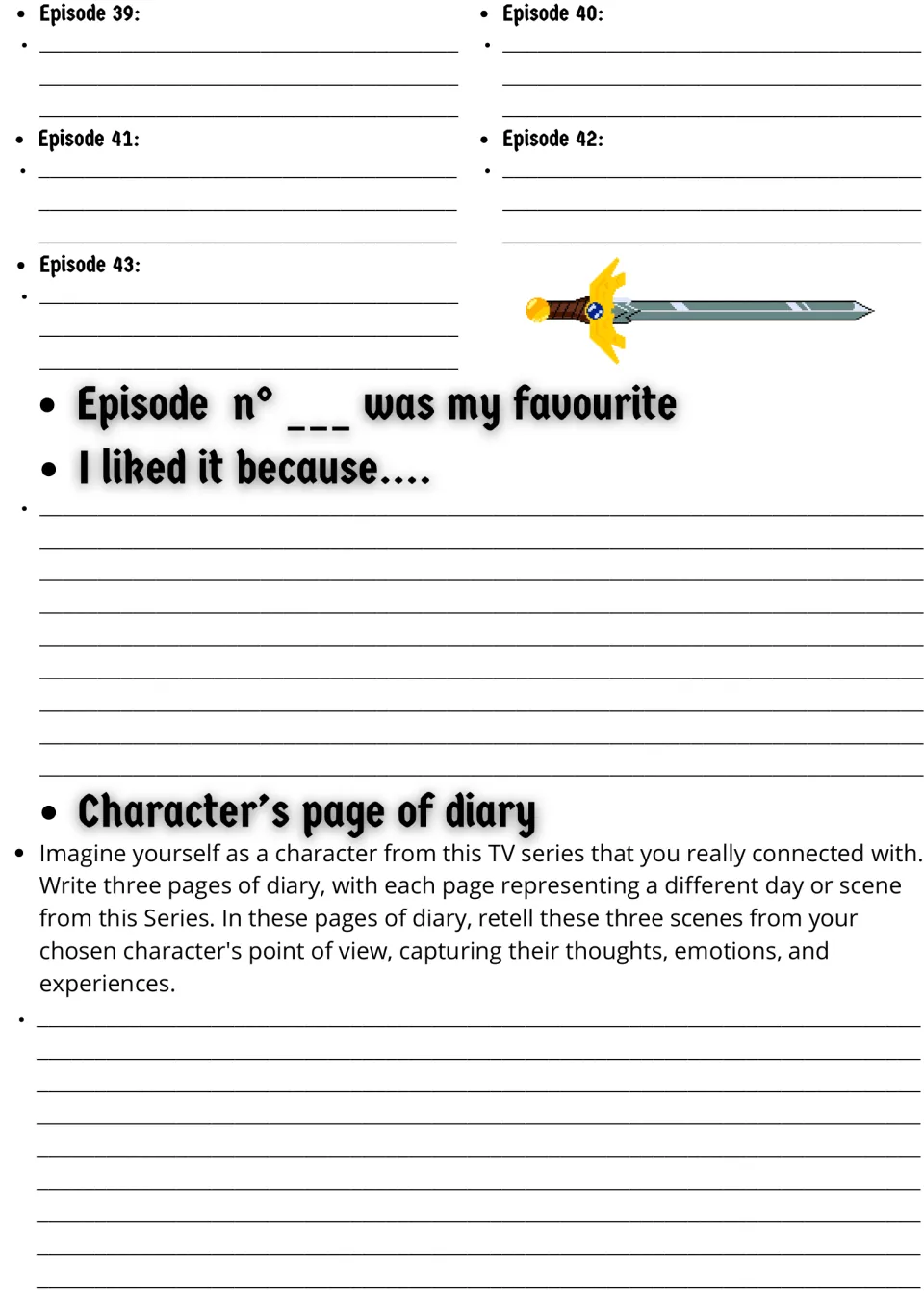 Season wrap-up: students summarise episodes 39 to 43, name a favourite episode with reasons and write a character diary