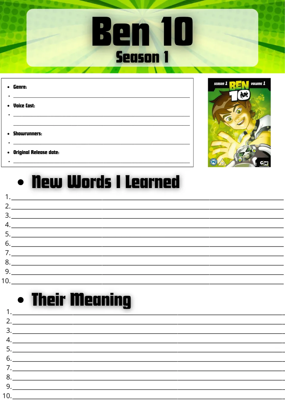 Ben 10 Season 1 show facts: students note genre, voice cast and showrunners, then list 10 new words and their meanings
