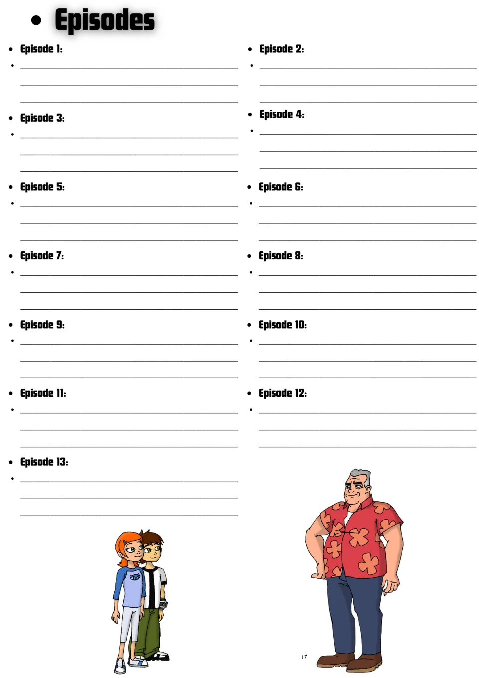 Episode summaries: students write a few lines about each of Episodes 1 to 13 of the season, beside cartoon show characters