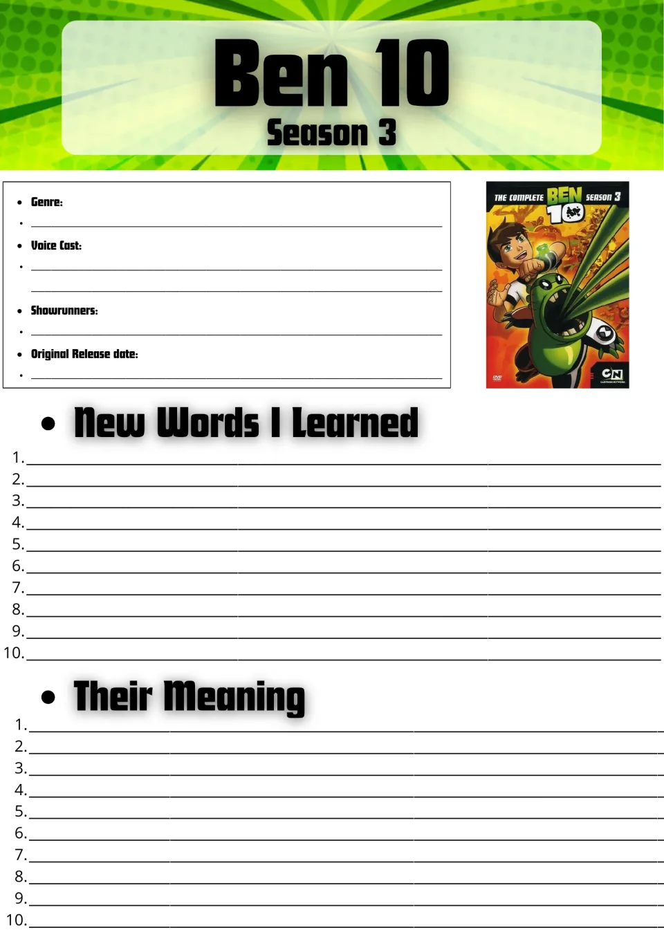 Ben 10 Season 3 fact sheet: students note genre, voice cast and release date, then list 10 new words and their meanings