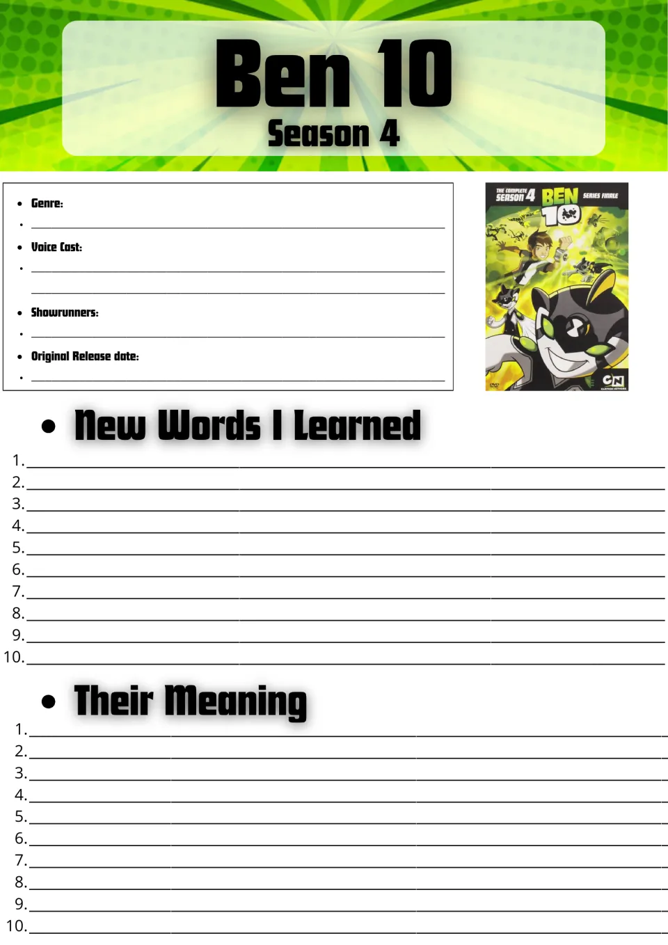 Ben 10 Season 4 show facts: students note genre, voice cast and release date, then list 10 new words and their meanings
