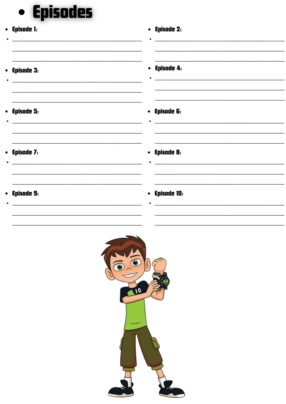 Season 4 episode log: students write notes on each of Episodes 1 to 10; cartoon Ben shown holding up his alien watch