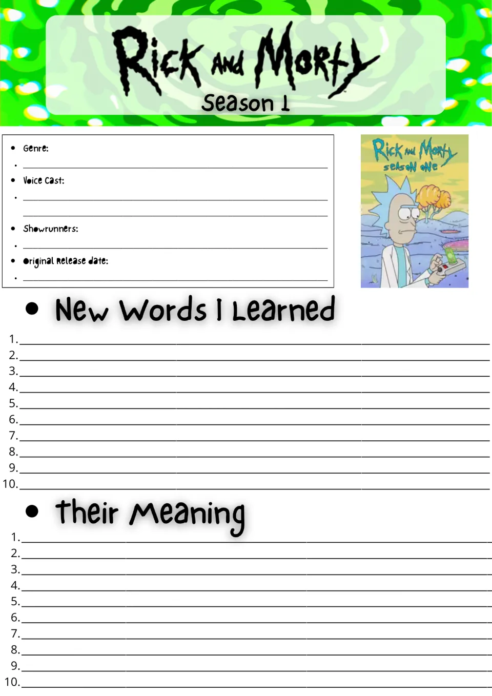Rick and Morty Season 1 show facts: students note genre, voice cast and showrunners, then list 10 new words and meanings