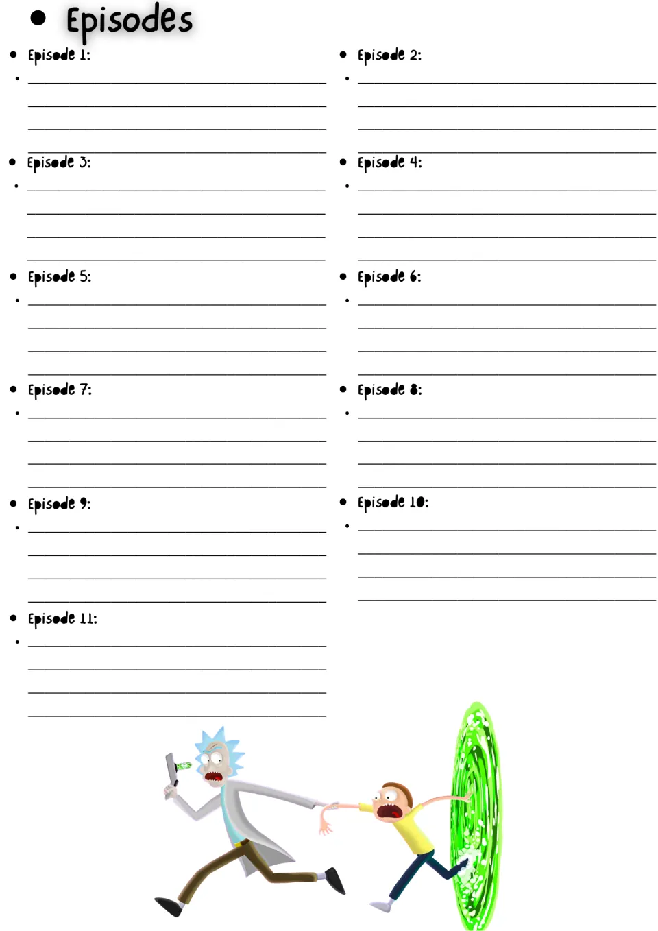 Season 1 episode notes: students write a few lines about each of the 11 episodes, Episode 1 through Episode 11