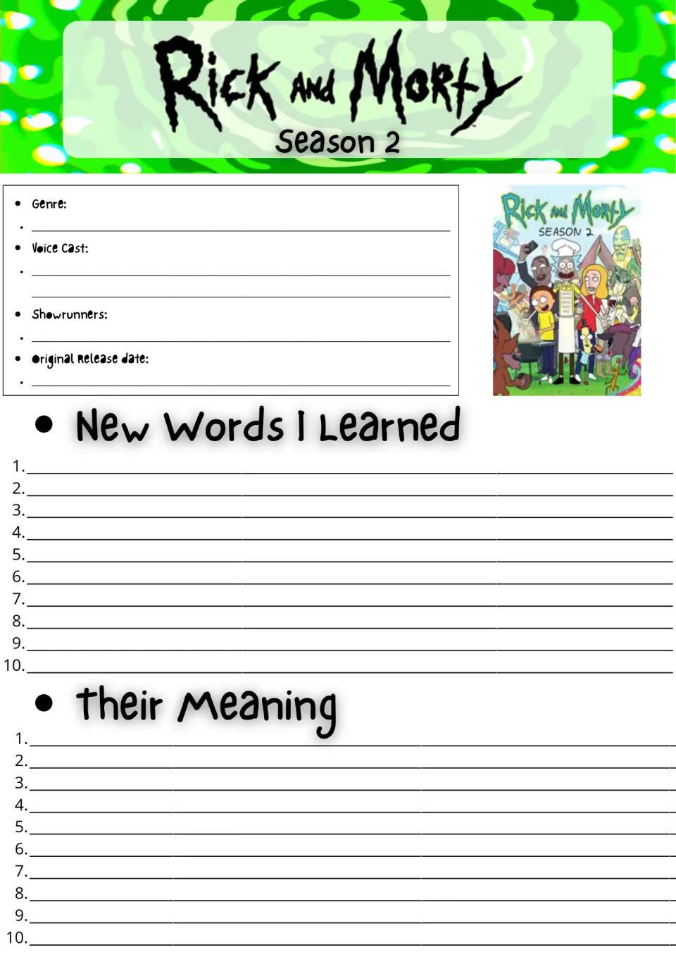 Rick and Morty Season 2 show facts: students note genre, voice cast and release date, then list 10 new words and meanings