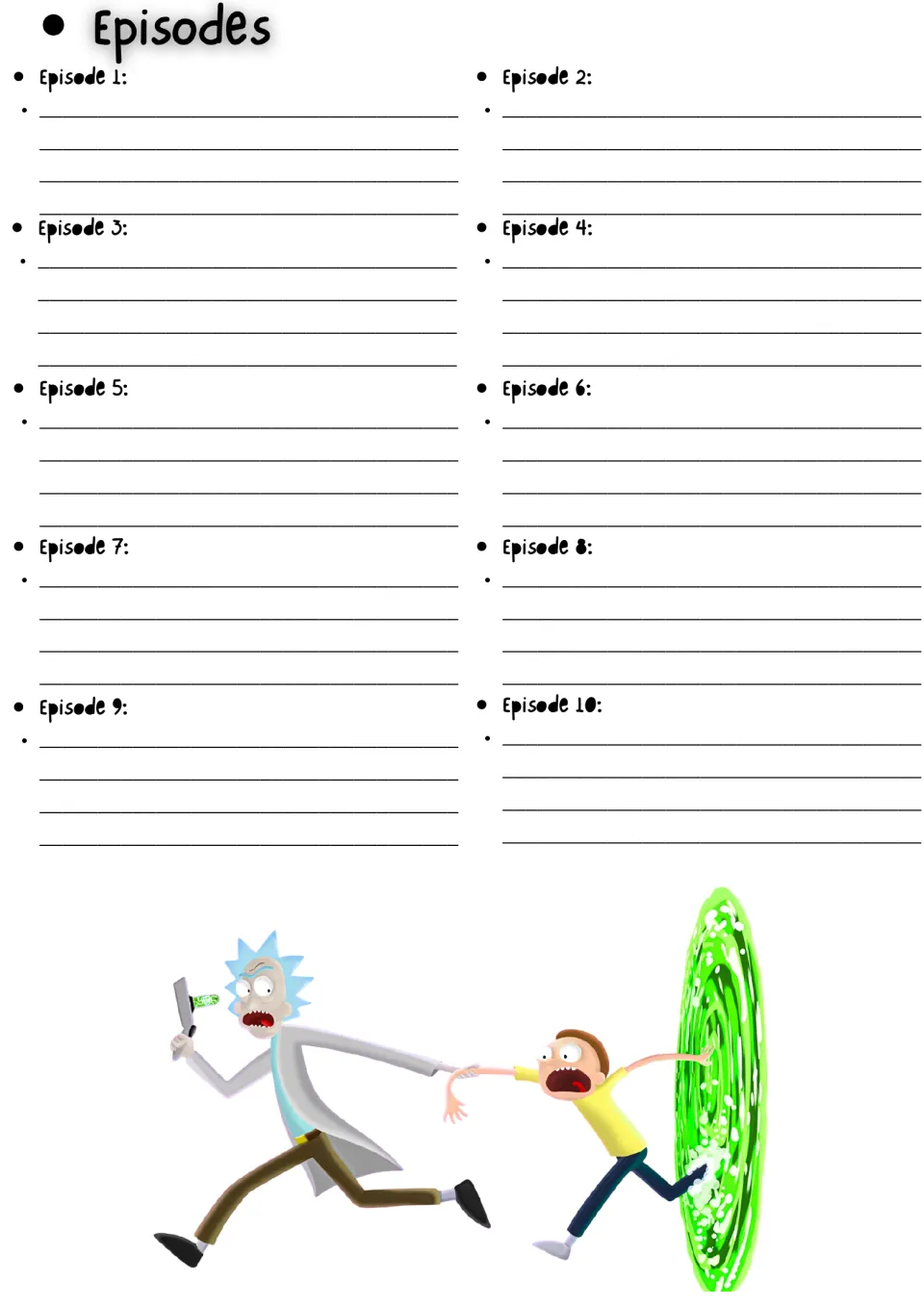 Season 2 episode notes: students write notes on each of Episodes 1 to 10; Rick and Morty run toward a green portal