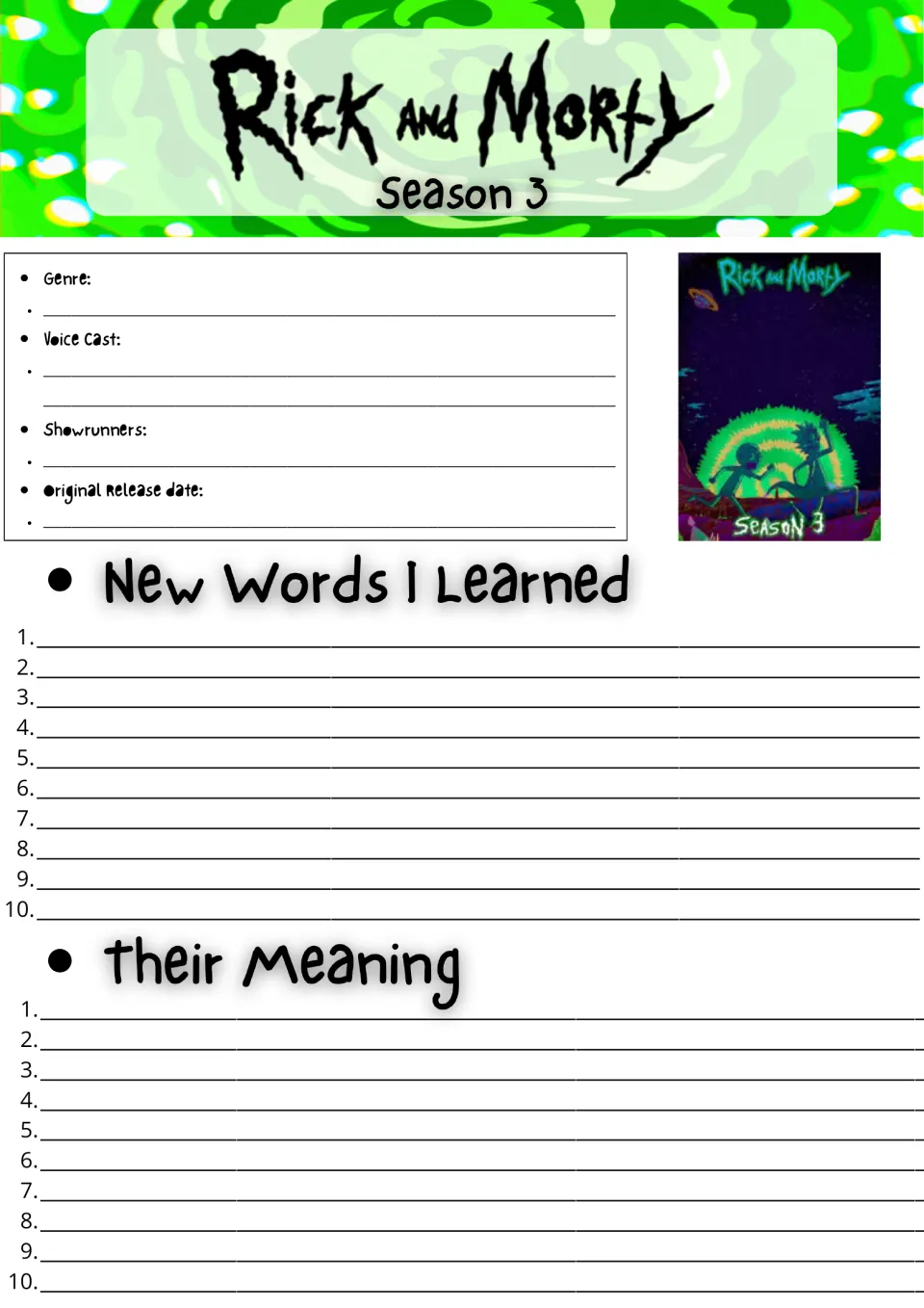 Rick and Morty Season 3 show facts: students note genre, voice cast and release date, then list 10 new words and meanings