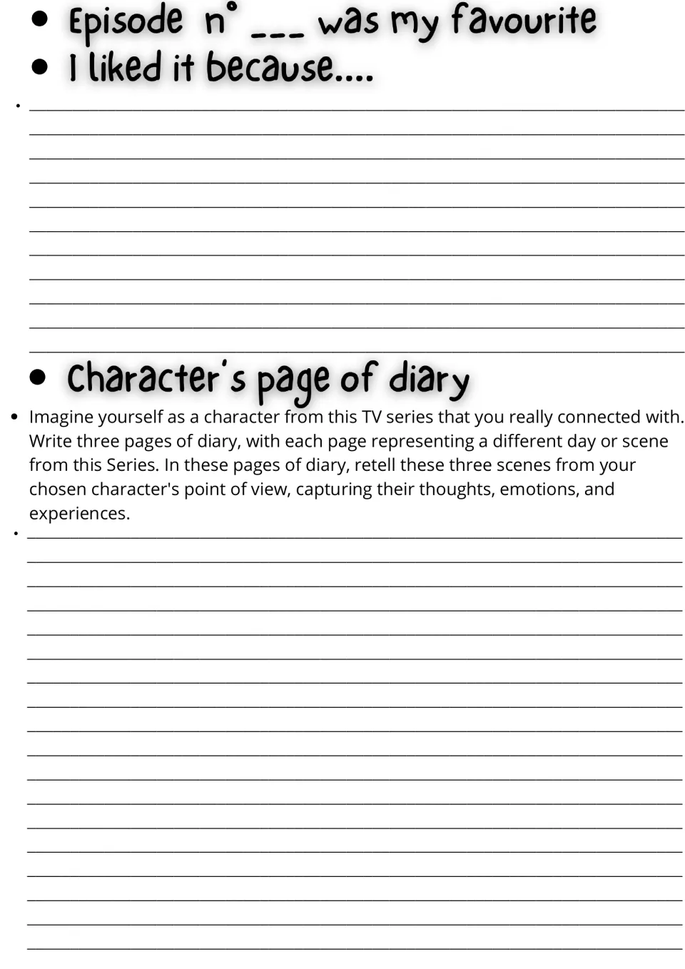 Favourite episode and diary writing: students explain their top episode, then retell three scenes in a character's diary