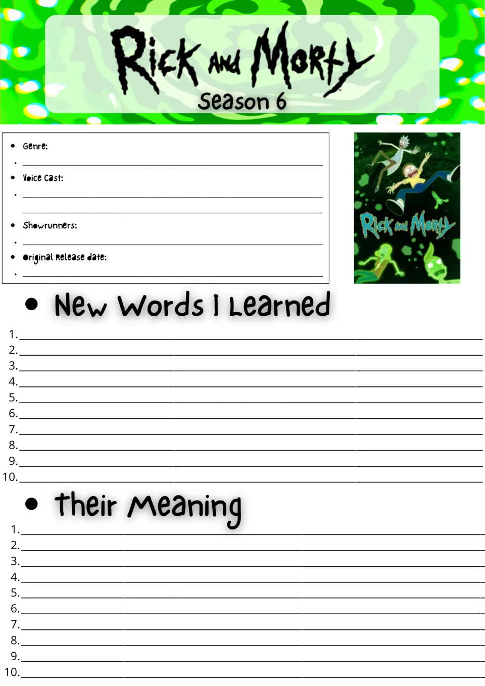 Rick and Morty Season 6 fact file: students note genre, voice cast and showrunners, then list 10 new words and meanings