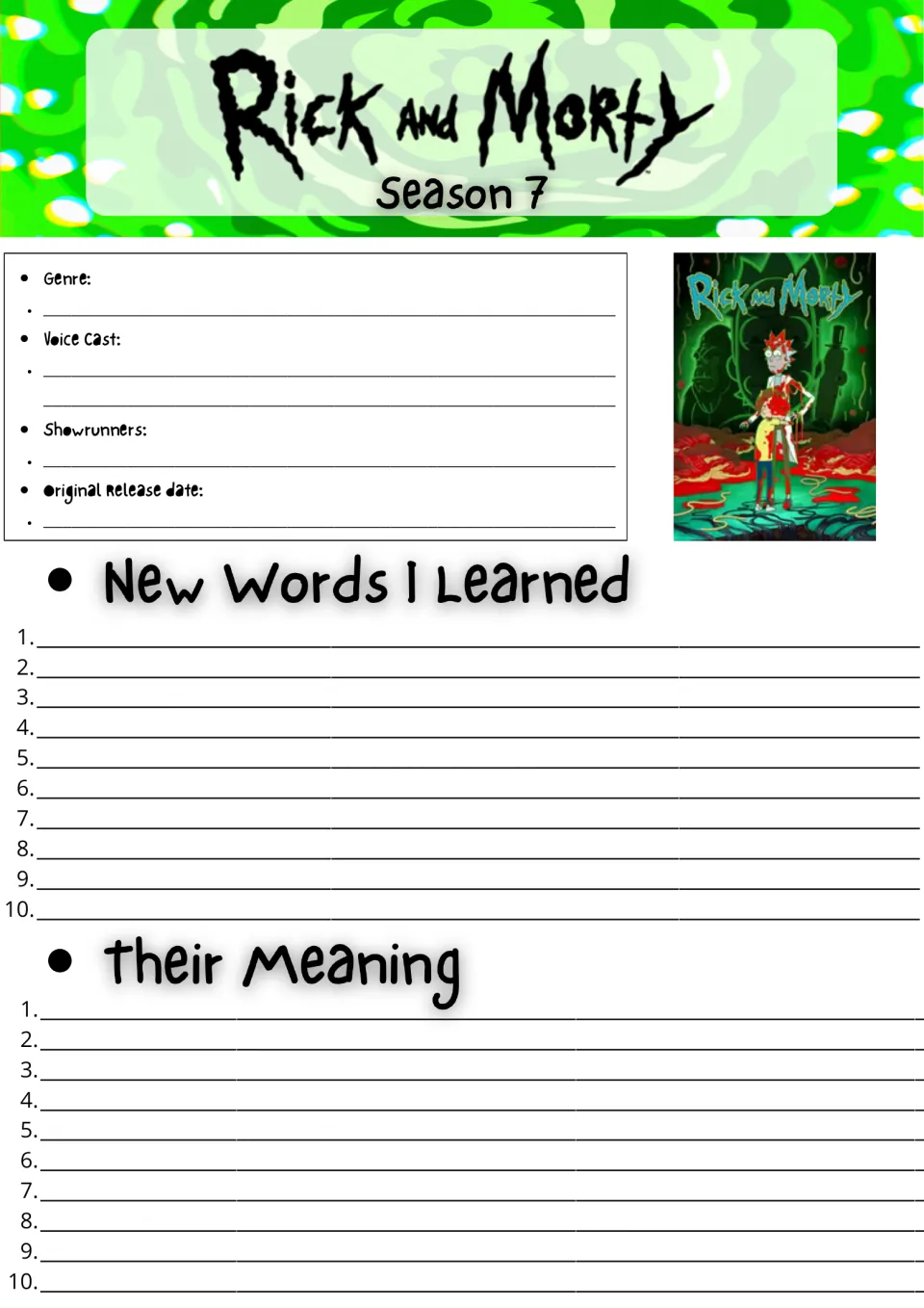 Rick and Morty Season 7 show facts: students note genre, voice cast and release date, then list 10 new words and meanings