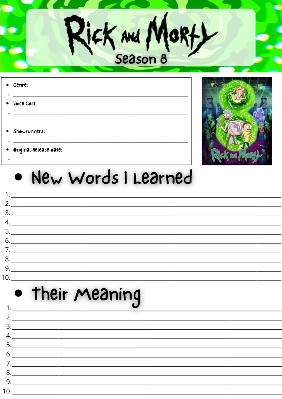 Rick and Morty Season 8 show facts: students note genre, voice cast and showrunners, then list 10 new words and meanings