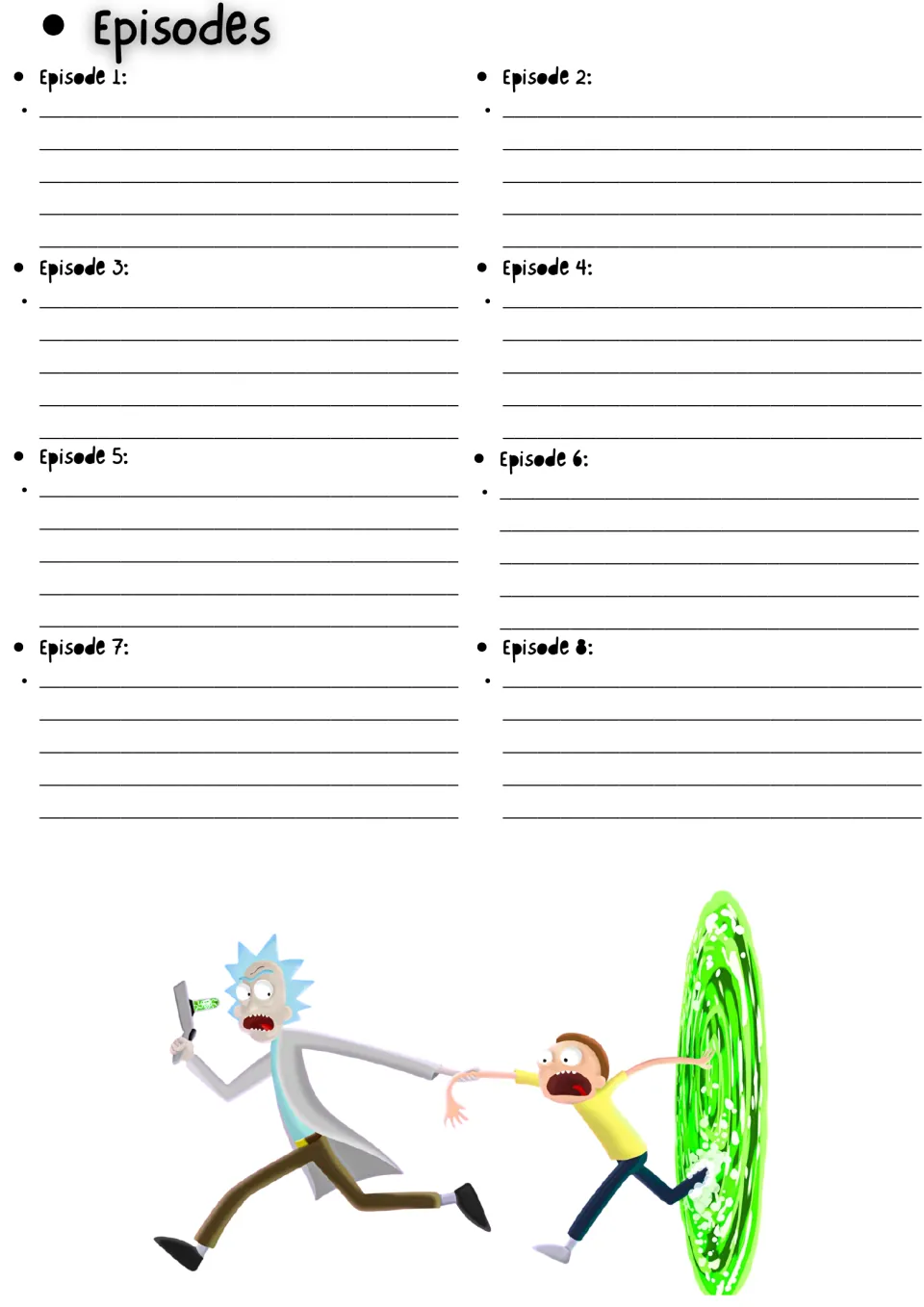 Episodes summary sheet: students write a short recap for each of Episodes 1 through 8, with Rick pulling Morty to a portal