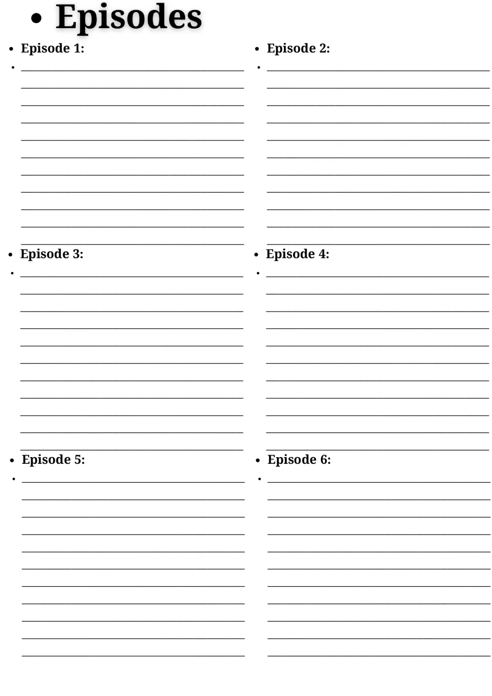 Episode notes for the hotel documentary: students jot notes on each of Episodes 1 to 6 under its own heading