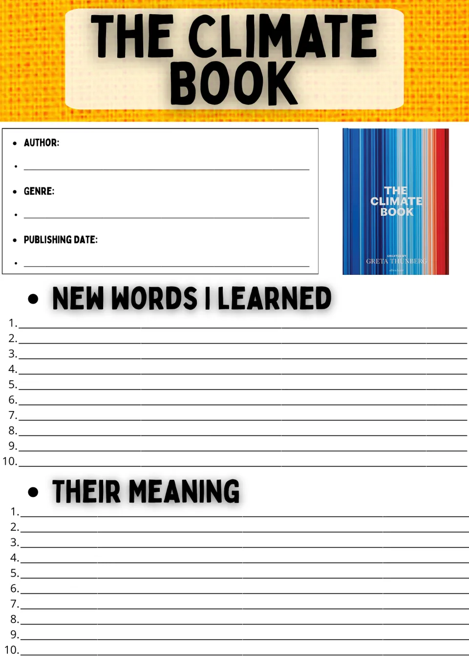 The Climate Book report: students note author, genre and publishing date, then list 10 new words and their meanings