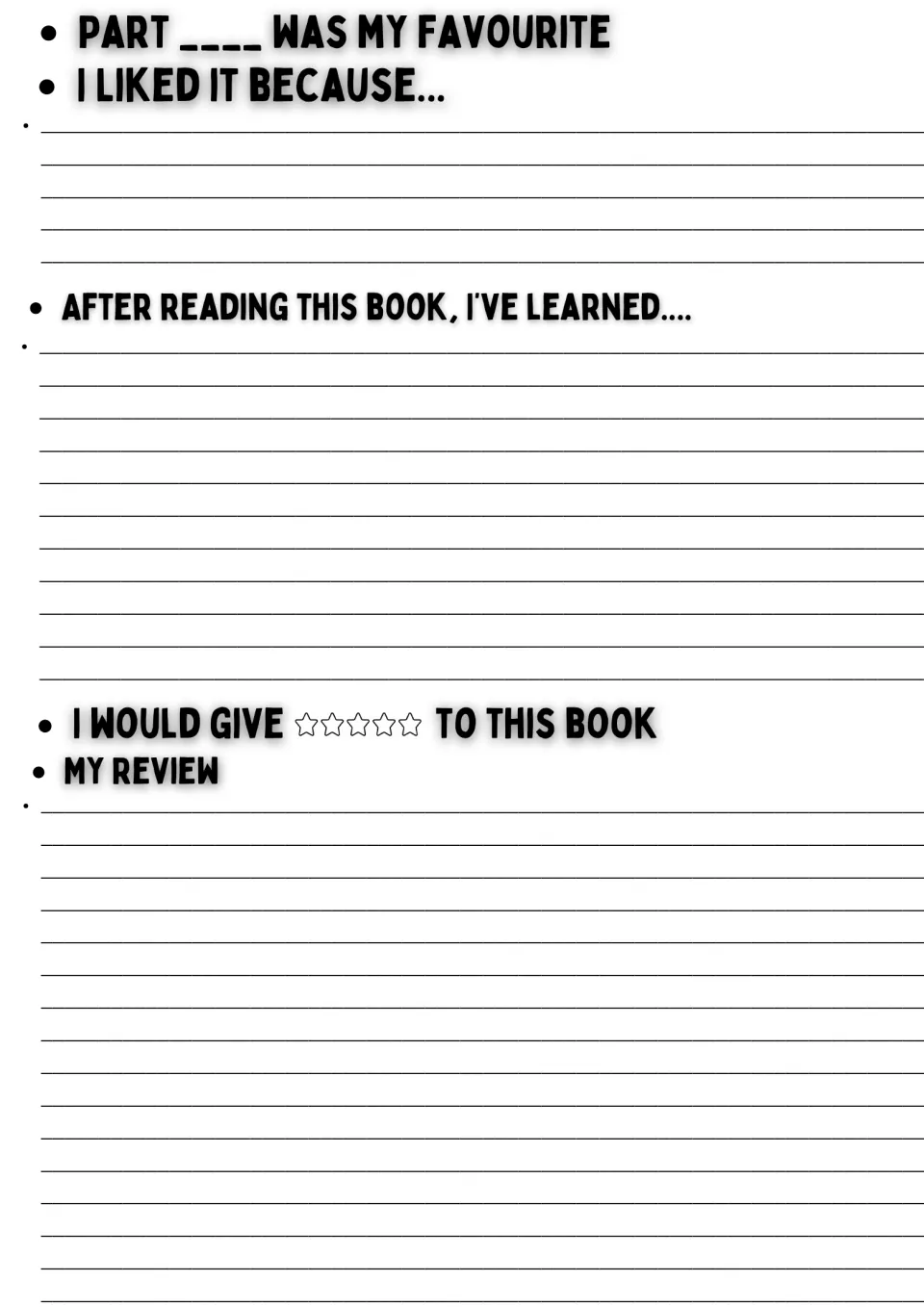 Book response: students name their favourite part and why, write what they learned, rate the book in stars and review it