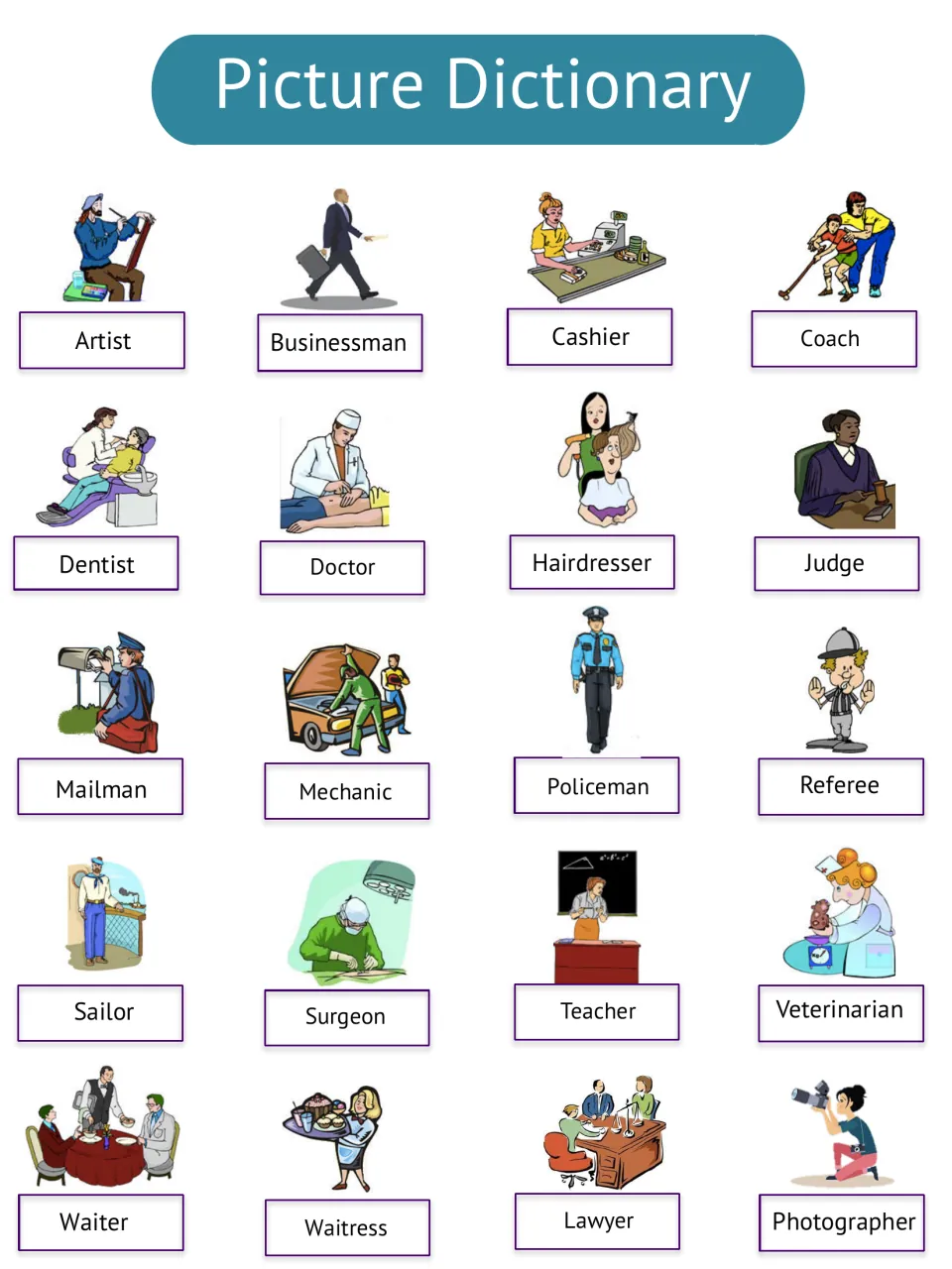 Occupations picture dictionary labels 20 jobs, including artist, businessman, cashier, coach, and dentist.