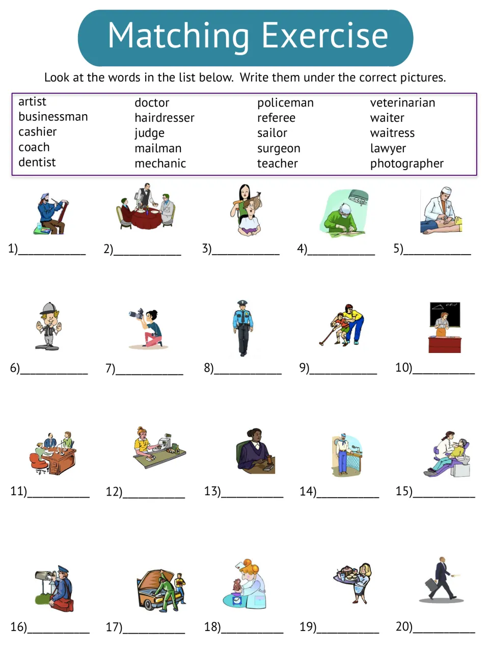 Occupations matching exercise asks students to write 20 job names from a word bank under the correct pictures.