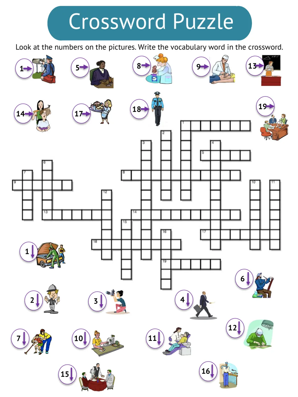 Occupations crossword uses numbered picture clues for jobs including mailman, judge, veterinarian, and doctor.