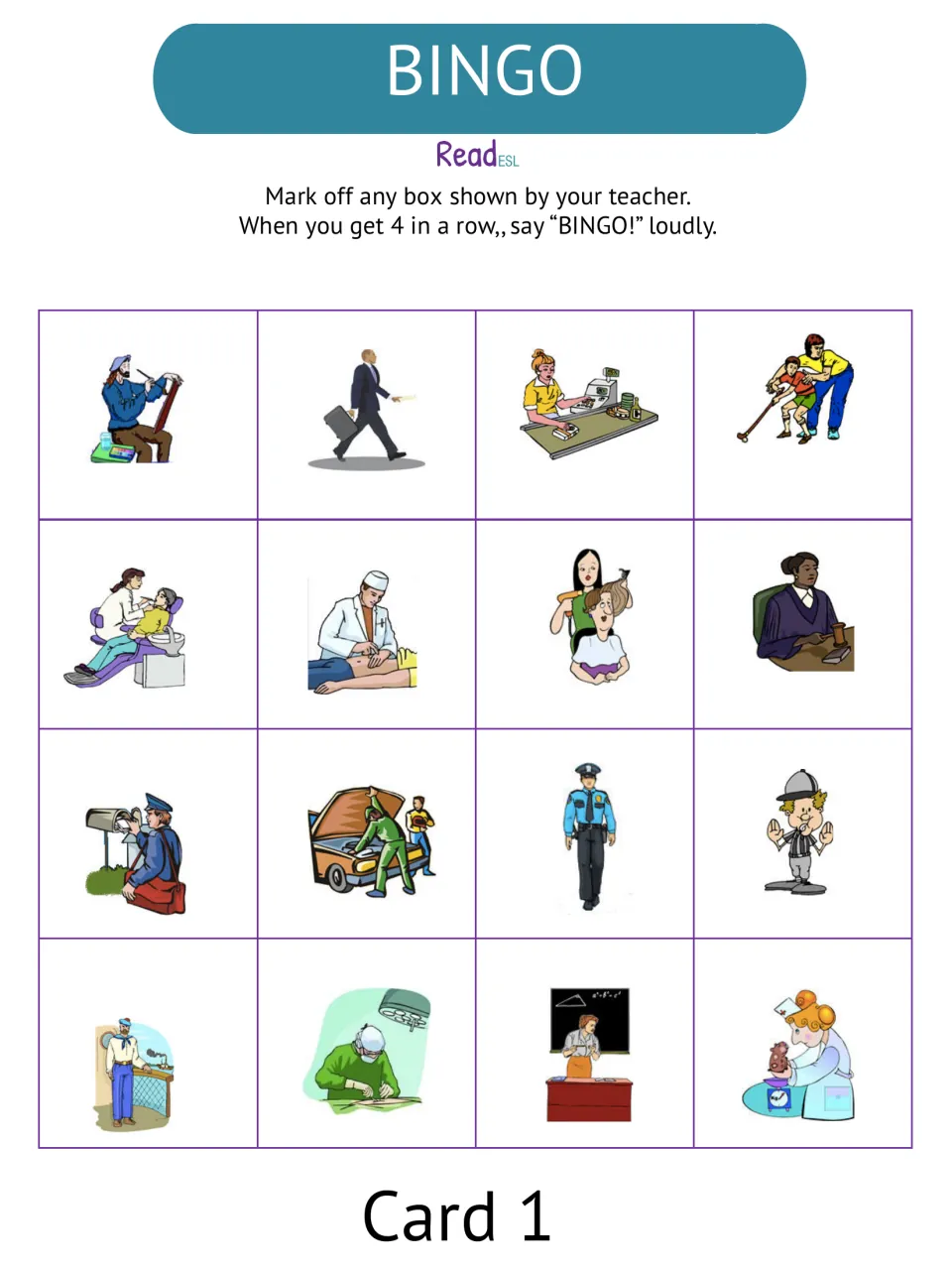 Occupations picture bingo Card 1 includes 16 jobs, starting with artist, businessman, cashier, and coach.