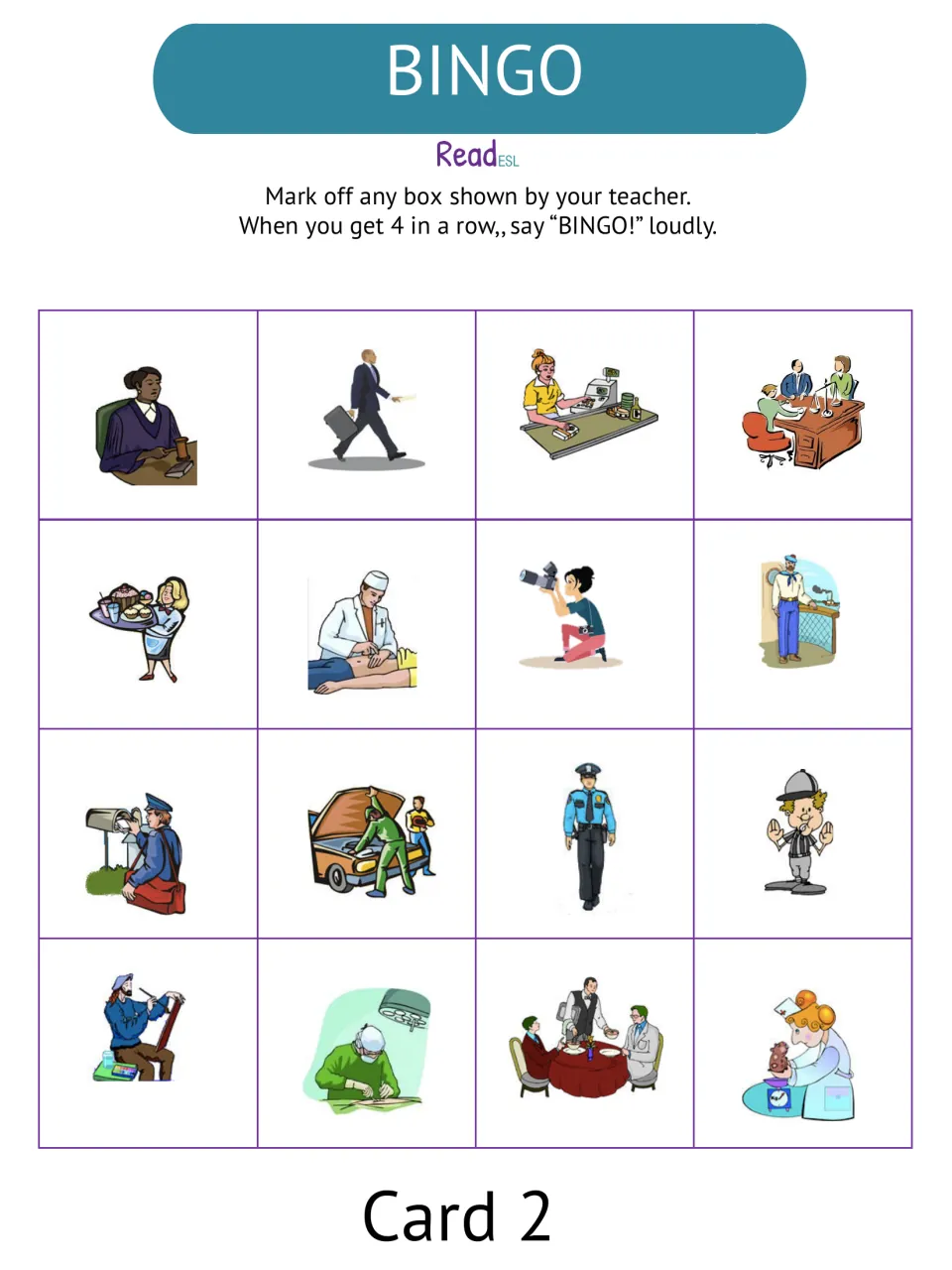 Occupations picture bingo Card 2 includes 16 jobs, starting with judge, businessman, cashier, and lawyer.