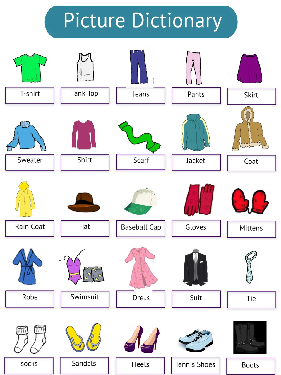 Clothing picture dictionary: 25 labeled pictures from T-shirt, jeans and scarf to mittens, suit, heels and boots