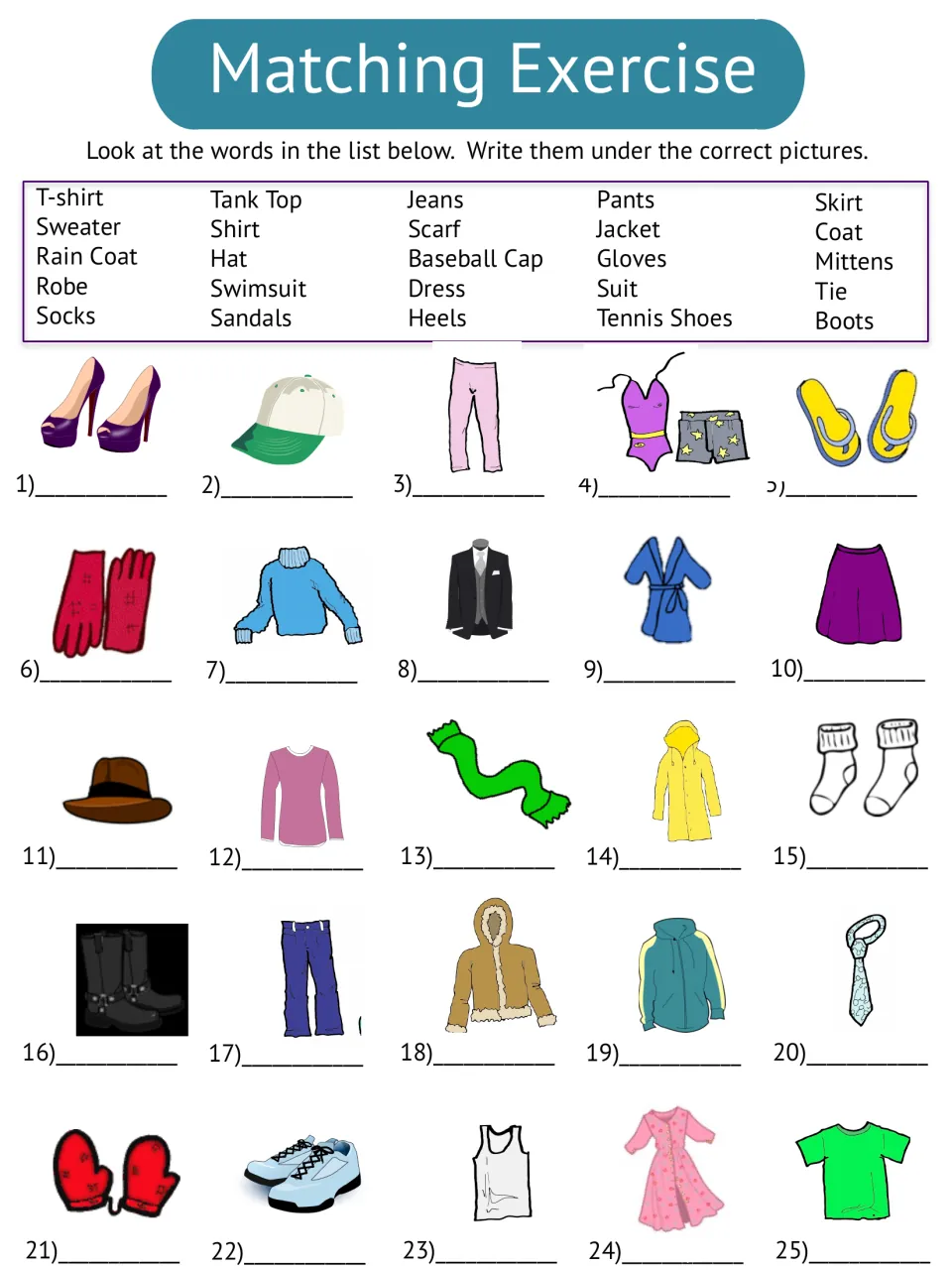 Clothing matching exercise: students write words from a 25-word bank under numbered pictures such as heels and cap