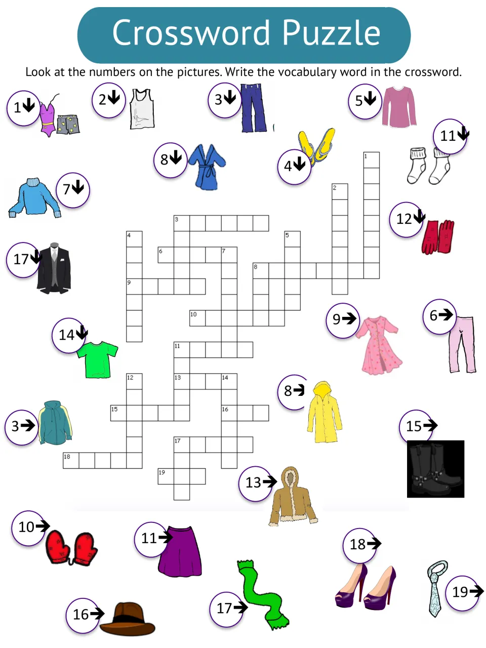 Clothing crossword: students read numbered across and down picture clues like robe, socks and tie and spell each word