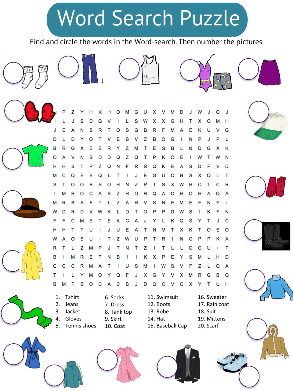 Clothing word search: students circle 20 listed words such as jeans, gloves and swimsuit, then number matching pictures
